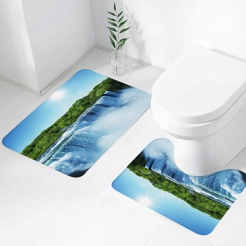 FEHWI Badematten Set 2-teilig, Badematten und WC Vorleger rutschfest & Waschbar,Wasserfall, majestätischer Wasserfall Fließende Landschaft EIN,Luxus Dicke Mikrofaser Badezimmerteppich von FEHWI