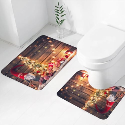 FEHWI Badematten Set 2-teilig, Badematten und WC Vorleger rutschfest & Waschbar,Weihnachtsmann oder Zwerg hält einen Tannenbaum mit Weihnachtsbeleuchtung, um,Luxus Dicke Mikrofaser Badezimmerteppich FEHWI Badematten Set 2-teilig, Badematten und WC Vorleger rutschfest & Waschbar,Weihnachtsmann oder Zwerg hält einen Tannenbaum mit Weihnachtsbeleuchtung, um,Luxus Dicke Mikrofaser Badezimmerteppich von FEHWI