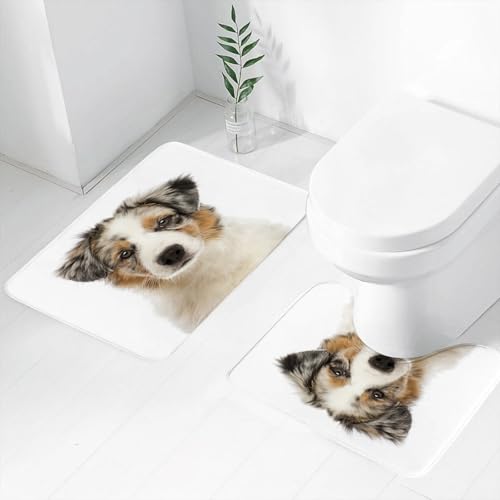 FEHWI Badematten Set 2-teilig, Badematten und WC Vorleger rutschfest & Waschbar,Weiß Tan Nahaufnahme Australian Shepherd Welpen Monate EIN Allein Hunde Niedl,Luxus Dicke Mikrofaser Badezimmerteppich von FEHWI