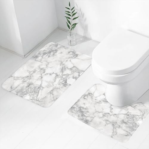 FEHWI Badematten Set 2-teilig, Badematten und WC Vorleger rutschfest & Waschbar,Weiße Marmorstruktur, Darstellung Zeitloser Schönheit und Adernmuster von Nat,Luxus Dicke Mikrofaser Badezimmerteppich von FEHWI