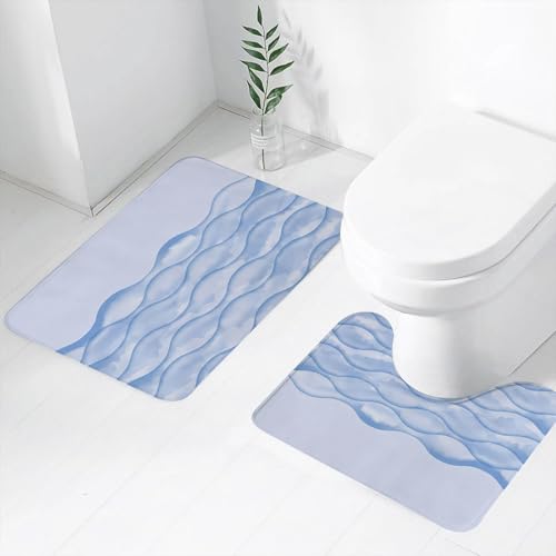FEHWI Badematten Set 2-teilig, Badematten und WC Vorleger rutschfest & Waschbar,Wellendesign, Sich wiederholendes Design Blauer Wellen, fängt den ruhigen Rhy,Luxus Dicke Mikrofaser Badezimmerteppich von FEHWI