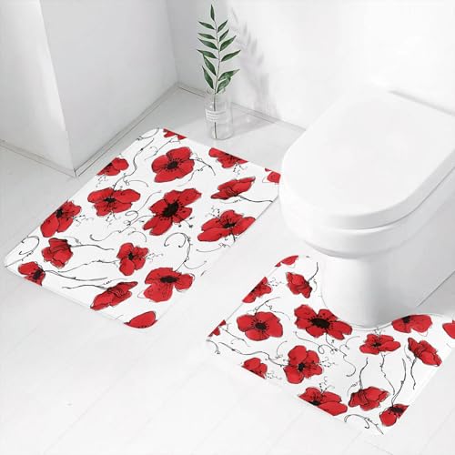 FEHWI Badematten Set 2-teilig, Badematten und WC Vorleger rutschfest & Waschbar,Wiederholen Sie das Design mit kräftigen roten Mohnblumen und komplizierten s,Luxus Dicke Mikrofaser Badezimmerteppich von FEHWI