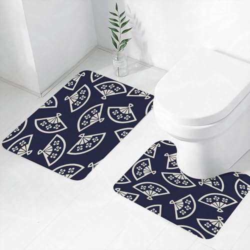 FEHWI Badematten Set 2-teilig, Badematten und WC Vorleger rutschfest & Waschbar,Wiederholtes Design eines zarten Fächers mit floralen Details auf dunkelblaue,Luxus Dicke Mikrofaser Badezimmerteppich von FEHWI