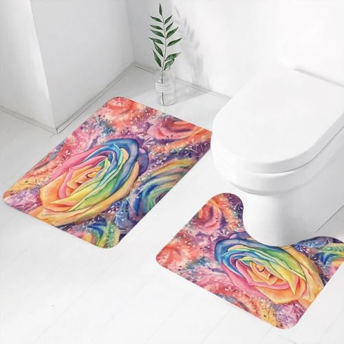 FEHWI Badematten Set 2-teilig, Badematten und WC Vorleger rutschfest & Waschbar,Wildblumen-Rose-Blumenmuster im Aquarellstil isoliert. Vollständiger Name der,Luxus Dicke Mikrofaser Badezimmerteppich von FEHWI