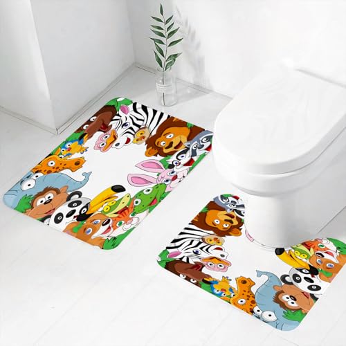 FEHWI Badematten Set 2-teilig, Badematten und WC Vorleger rutschfest & Waschbar,Wilde Dschungeltiere Tropische Fauna Faensammlung Glückliche Gesichter in Car,Luxus Dicke Mikrofaser Badezimmerteppich von FEHWI