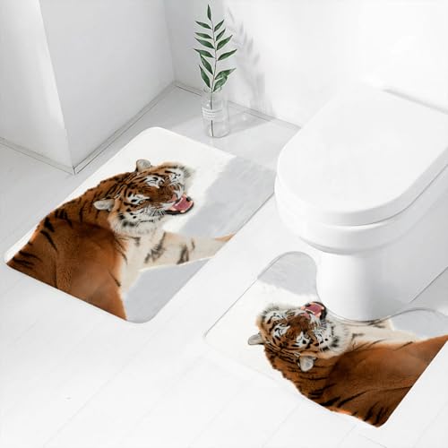 FEHWI Badematten Set 2-teilig, Badematten und WC Vorleger rutschfest & Waschbar,Wilder Tiger im Schnee, Winterraubtiertiger brüllt im Schnee, Aggressive Halt,Luxus Dicke Mikrofaser Badezimmerteppich von FEHWI