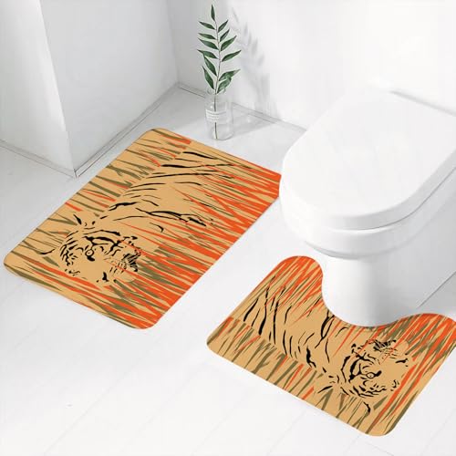 FEHWI Badematten Set 2-teilig, Badematten und WC Vorleger rutschfest & Waschbar,Wildlife Decor, Tiger in Büschen Camouflage Fleischfresser Raubtier Katze Afr,Luxus Dicke Mikrofaser Badezimmerteppich FEHWI Badematten Set 2-teilig, Badematten und WC Vorleger rutschfest & Waschbar,Wildlife Decor, Tiger in Büschen Camouflage Fleischfresser Raubtier Katze Afr,Luxus Dicke Mikrofaser Badezimmerteppich von FEHWI