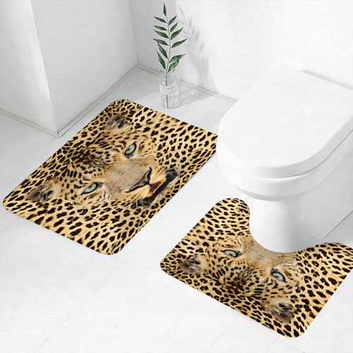FEHWI Badematten Set 2-teilig, Badematten und WC Vorleger rutschfest & Waschbar,Wildlife Wild Tiger Leopard Print Bild von Kunstfotos Große Katze mit grünen,Luxus Dicke Mikrofaser Badezimmerteppich von FEHWI