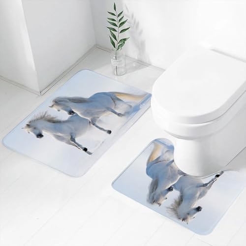 FEHWI Badematten Set 2-teilig, Badematten und WC Vorleger rutschfest & Waschbar,Winterdekorationen, edle Pferde galoppieren auf dem Schneefeld Symbol,Luxus Dicke Mikrofaser Badezimmerteppich von FEHWI