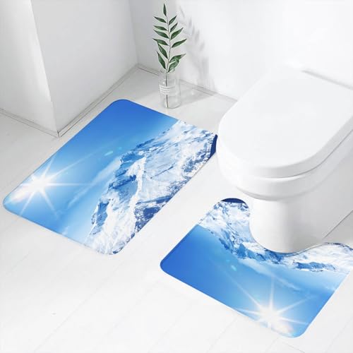 FEHWI Badematten Set 2-teilig, Badematten und WC Vorleger rutschfest & Waschbar,Wohnungsdekor, Die Sonne beleuchtet einen herrlichen, schneebedeckten Berg,Luxus Dicke Mikrofaser Badezimmerteppich von FEHWI