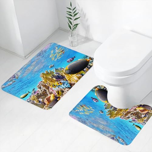 FEHWI Badematten Set 2-teilig, Badematten und WC Vorleger rutschfest & Waschbar,Wunderbare und wunderschöne Unterwasserwelt mit Korallen und tropischen Fisch,Luxus Dicke Mikrofaser Badezimmerteppich von FEHWI