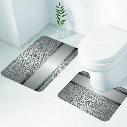 FEHWI Badematten Set 2-teilig, Badematten und WC Vorleger rutschfest & Waschbar,Wunderschönes Grau mit silbernem Mittelgürtel, eleganten Rollen, schöner silb,Luxus Dicke Mikrofaser Badezimmerteppich von FEHWI