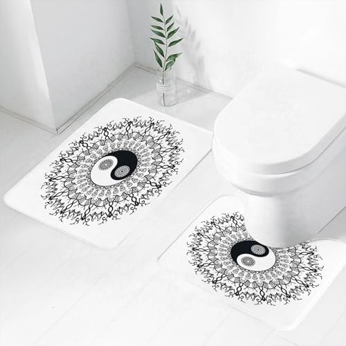 FEHWI Badematten Set 2-teilig, Badematten und WC Vorleger rutschfest & Waschbar,Ying Yang, Vintage Yin und Yang Mandala Muster Etnic Mot,Luxus Dicke Mikrofaser Badezimmerteppich von FEHWI