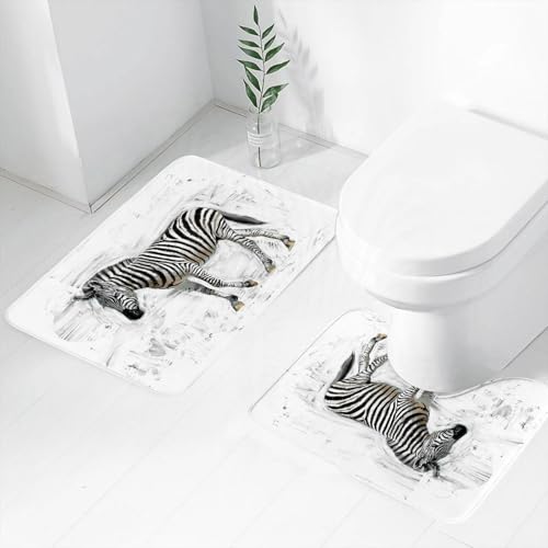 FEHWI Badematten Set 2-teilig, Badematten und WC Vorleger rutschfest & Waschbar,Zebra Skizze ÖLFARBMALEREI,Luxus Dicke Mikrofaser Badezimmerteppich von FEHWI
