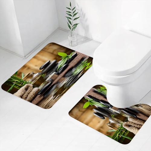 FEHWI Badematten Set 2-teilig, Badematten und WC Vorleger rutschfest & Waschbar,Zen-Basaltsteine und Spa-Öl auf dem Holz,Luxus Dicke Mikrofaser Badezimmerteppich von FEHWI