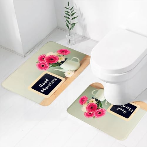 FEHWI Badematten Set 2-teilig, Badematten und WC Vorleger rutschfest & Waschbar,Zitat, Tafel mit dem Satz „Guten Morgen“ darüber geschrieben neben Vase mit e,Luxus Dicke Mikrofaser Badezimmerteppich von FEHWI