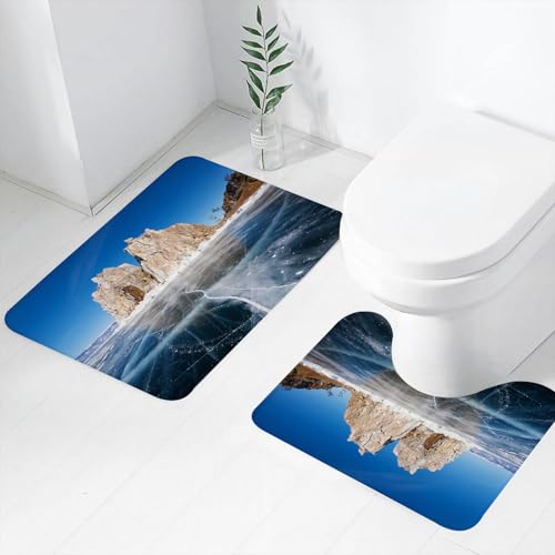 FEHWI Badematten Set 2-teilig, Badematten und WC Vorleger rutschfest & Waschbar,Zugefrorener Baikalsee in Sibirien mit Eiszapfen Natur Oberflächenstruktur ka,Luxus Dicke Mikrofaser Badezimmerteppich von FEHWI