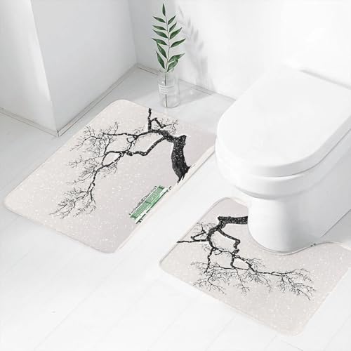 FEHWI Badematten Set 2-teilig, Badematten und WC Vorleger rutschfest & Waschbar,einsamer Baum und frostbedeckte grüne Bank unter fallendem Schnee,Luxus Dicke Mikrofaser Badezimmerteppich von FEHWI