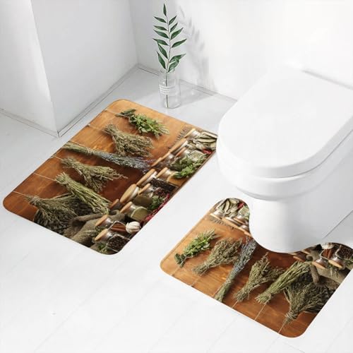 FEHWI Badematten Set 2-teilig, Badematten und WC Vorleger rutschfest & Waschbar,getrocknete Kräuter, Gewürze und Pfeffer auf Holzhintergrund,Luxus Dicke Mikrofaser Badezimmerteppich von FEHWI