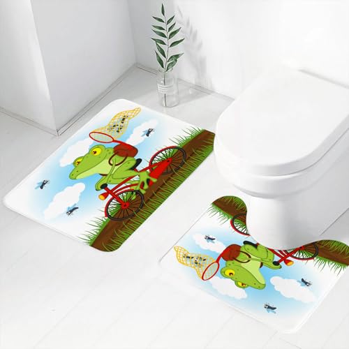 FEHWI Badematten Set 2-teilig, Badematten und WC Vorleger rutschfest & Waschbar,lustiger Frosch auf einem Fahrrad jagt flatternd in der Natur,Luxus Dicke Mikrofaser Badezimmerteppich von FEHWI