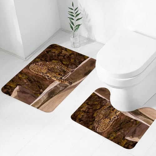 FEHWI Badematten Set 2-teilig, Badematten und WC Vorleger rutschfest & Waschbar,markanten Anblick eines Jaguar Tiger Schleicht Sich an Seine Beute, um ihn zu,Luxus Dicke Mikrofaser Badezimmerteppich von FEHWI