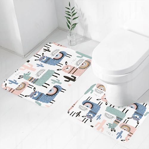 FEHWI Badematten Set 2-teilig, Badematten und WC Vorleger rutschfest & Waschbar,mit Lama-Kaktus und handgezeichneten Elementen.,Luxus Dicke Mikrofaser Badezimmerteppich von FEHWI