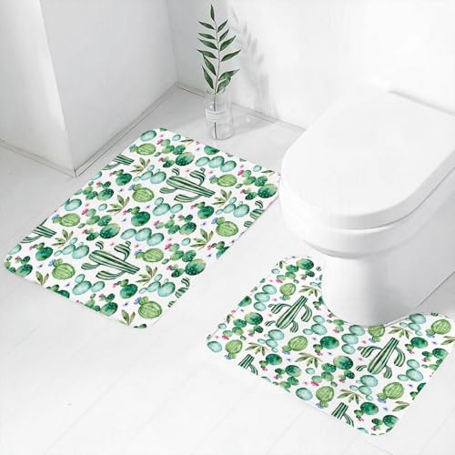 FEHWI Badematten Set 2-teilig, Badematten und WC Vorleger rutschfest & Waschbar,mit grünen Aquarellkaktus-Sukkulenten und bunten Blumen.,Luxus Dicke Mikrofaser Badezimmerteppich von FEHWI