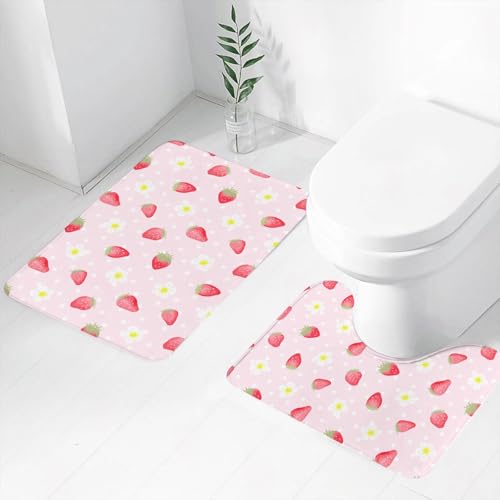 FEHWI Badematten Set 2-teilig, Badematten und WC Vorleger rutschfest & Waschbar,mit handgezeichneten Erdbeeren und Blumen für,Luxus Dicke Mikrofaser Badezimmerteppich von FEHWI