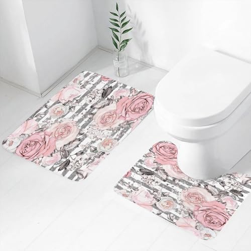 FEHWI Badematten Set 2-teilig, Badematten und WC Vorleger rutschfest & Waschbar,mit rosa Blüten und Blättern auf grauem Hintergrund mit Streifen. Aquarell-Bl,Luxus Dicke Mikrofaser Badezimmerteppich von FEHWI