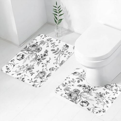 FEHWI Badematten Set 2-teilig, Badematten und WC Vorleger rutschfest & Waschbar,mit viktorianischem Strauß schwarzer Blumen auf weißem Hintergrund. Gartenros,Luxus Dicke Mikrofaser Badezimmerteppich von FEHWI