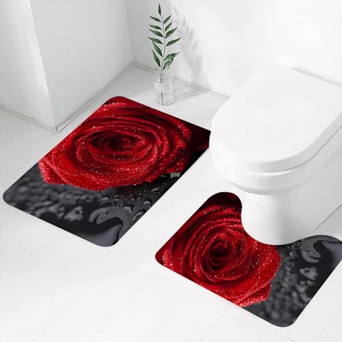 FEHWI Badematten Set 2-teilig, Badematten und WC Vorleger rutschfest & Waschbar,schöne rote Rose mit Wassertropfen auf schwarzem Hintergrund,Luxus Dicke Mikrofaser Badezimmerteppich von FEHWI