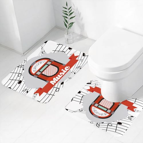 FEHWI Badematten Set 2-teilig, Badematten und WC Vorleger rutschfest & Waschbar,stilisierte rot-Schwarze Jukebox, umgeben von Musiknoten mit einem Musikbanne,Luxus Dicke Mikrofaser Badezimmerteppich von FEHWI