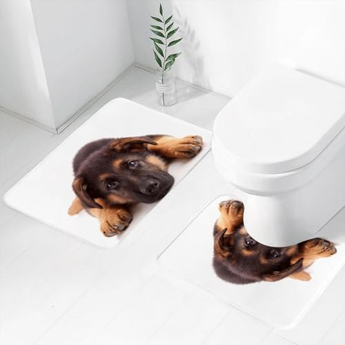 FEHWI Badematten Set 2-teilig, Badematten und WC Vorleger rutschfest & Waschbar,süßer Deutscher Schäferhundwelpe mit liebevollen Augen und weichem Fell auf e,Luxus Dicke Mikrofaser Badezimmerteppich von FEHWI