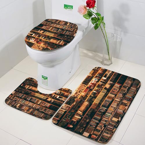 FEHWI Badezimmerteppich 3 Teil Mikrofaser -Saugbad Teppichpolster für Dusche,Badewanne und Toilette,Maschine waschbar,Blick auf Regale mit Alten Büchern in der Bibliothek von FEHWI