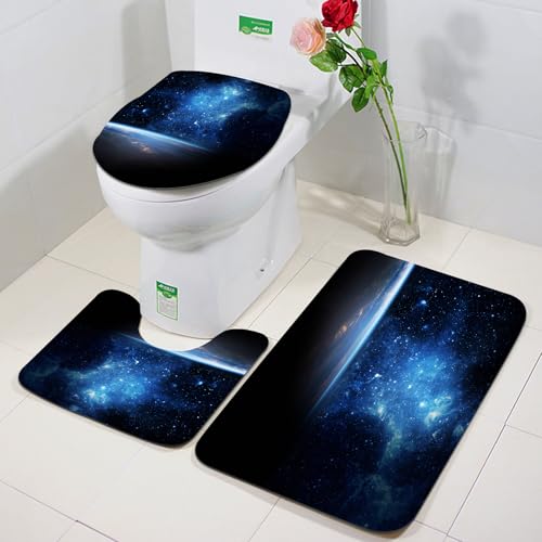 FEHWI Badezimmerteppich 3 Teil Mikrofaser -Saugbad Teppichpolster für Dusche,Badewanne und Toilette,Maschine waschbar,Die Erde unter Einer glitzernd blauen Galaxie in den Weiten des Weltraums von FEHWI