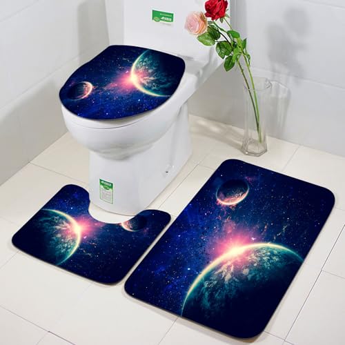 FEHWI Badezimmerteppich 3 Teil Mikrofaser -Saugbad Teppichpolster für Dusche,Badewanne und Toilette,Maschine waschbar,Galaxie Weltraumthema Planet Erde und Mars in Space Discovery von FEHWI