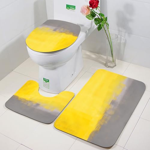 FEHWI Badezimmerteppich 3 Teil Mikrofaser -Saugbad Teppichpolster für Dusche,Badewanne und Toilette,Maschine waschbar,Grau und Gelb, Pin Brush Print Ombre Design Bild von FEHWI