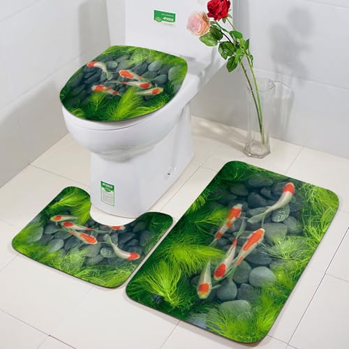 FEHWI Badezimmerteppich 3 Teil Mikrofaser -Saugbad Teppichpolster für Dusche,Badewanne und Toilette,Maschine waschbar,Karpfen Koi Fisch Teich Unkraut Stein Wasser Oriental von FEHWI