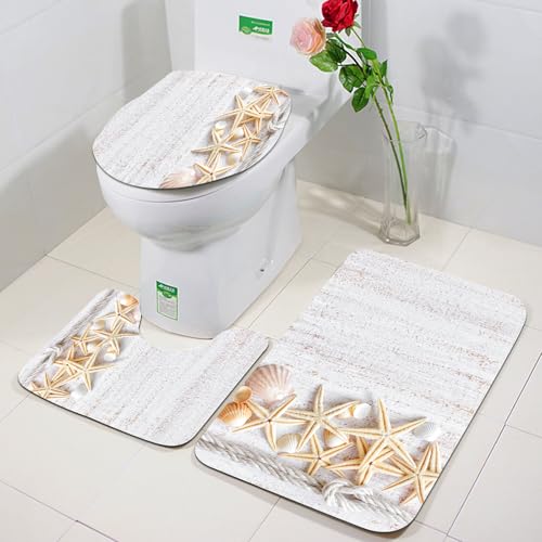 FEHWI Badezimmerteppich 3 Teil Mikrofaser -Saugbad Teppichpolster für Dusche,Badewanne und Toilette,Maschine waschbar,Muscheln, Muscheln und Seesterne mit Marine Seil in vertikaler Richtung Holzober von FEHWI