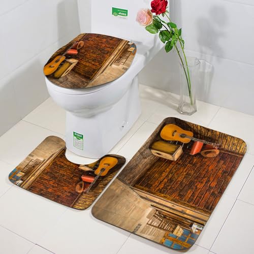 FEHWI Badezimmerteppich 3 Teil Mikrofaser -Saugbad Teppichpolster für Dusche,Badewanne und Toilette,Maschine waschbar,Musikset, Musikinstrumente auf Holzbühne in Einer Getränkebar, Theke von FEHWI