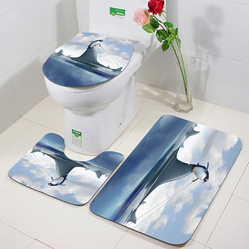 FEHWI Badezimmerteppich 3 Teil Mikrofaser -Saugbad Teppichpolster für Dusche,Badewanne und Toilette,Maschine waschbar,Pinguin Steht auf Haifischflossen, Seile, Pinguine und Haifischflossen sind auf von FEHWI