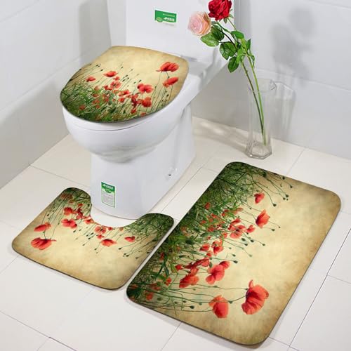 FEHWI Badezimmerteppich 3 Teil Mikrofaser -Saugbad Teppichpolster für Dusche,Badewanne und Toilette,Maschine waschbar,Retro-rotes Mohnfeld, Leuchtend rote Mohnblumen auf der gesamten blühenden Lands von FEHWI
