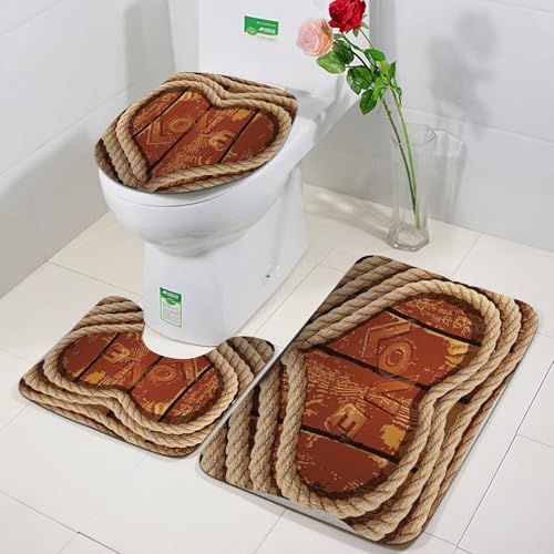 FEHWI Badezimmerteppich 3 Teil Mikrofaser -Saugbad Teppichpolster für Dusche,Badewanne und Toilette,Maschine waschbar,Seil in Liebesherzform auf Holzhintergrund aufgewickelt von FEHWI