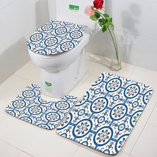FEHWI Badezimmerteppich 3 Teil Mikrofaser -Saugbad Teppichpolster für Dusche,Badewanne und Toilette,Maschine waschbar,Textile Digitale Designmuster Tapete Geschenkkarte Stickerei Teppich. Mediterran von FEHWI