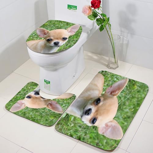 FEHWI Badezimmerteppich 3 Teil Mikrofaser -Saugbad Teppichpolster für Dusche,Badewanne und Toilette,Maschine waschbar,Tier, EIN süßer Chihuahua-Welpe starrt auf den üppigen Rasen von FEHWI