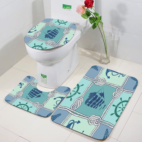 FEHWI Badezimmerteppich 3 Teil Mikrofaser -Saugbad Teppichpolster für Dusche,Badewanne und Toilette,Maschine waschbar,Verwendung von Seilen, Booten und Meeressymbolen，Verflochtene Seile für Segelboo von FEHWI