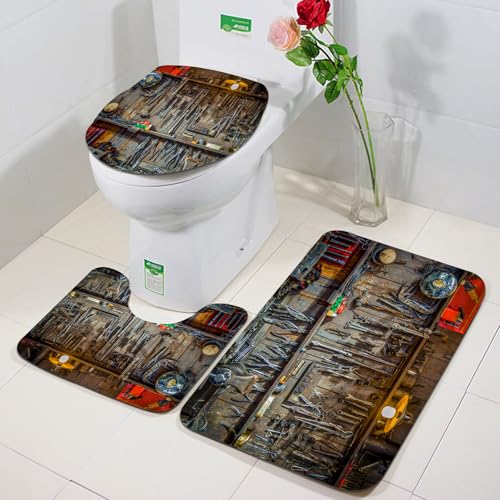 FEHWI Badezimmerteppich 3 Teil Mikrofaser -Saugbad Teppichpolster für Dusche,Badewanne und Toilette,Maschine waschbar,Vintage-Werkzeuge hängen an Einer Wand in einem Geräteschuppen oder Einer Werkst FEHWI Badezimmerteppich 3 Teil Mikrofaser -Saugbad Teppichpolster für Dusche,Badewanne und Toilette,Maschine waschbar,Vintage-Werkzeuge hängen an Einer Wand in einem Geräteschuppen oder Einer Werkst von FEHWI