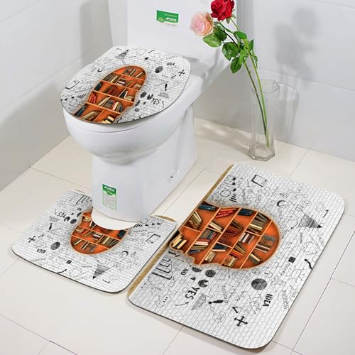 FEHWI Badezimmerteppich 3 Teil Mikrofaser -Saugbad Teppichpolster für Dusche,Badewanne und Toilette,Maschine waschbar,Weisheit Holz Bücherregal Form Menschlicher Kopf Bücher Abstrakt Wissen Bildung von FEHWI