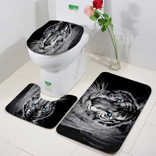 FEHWI Badezimmerteppich 3 Teil Mikrofaser -Saugbad Teppichpolster für Dusche,Badewanne und Toilette,Maschine waschbar,Weißer Tiger sucht im Wald nach Nahrung. Panthera Tigris corbetti im natürlichen von FEHWI