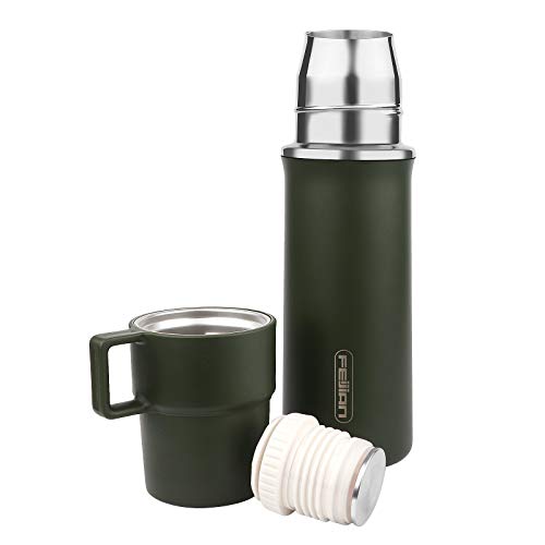 FEIJIAN Kaffee-Thermoskanne mit Tasse, 600 ml Edelstahl-Wasserflasche, vakuumisolierte Wasserflaschen, Thermoskanne für heiße Getränke/kalte Getränke, auslaufsicher, integrierter Griff, Armeegrün von FEIJIAN